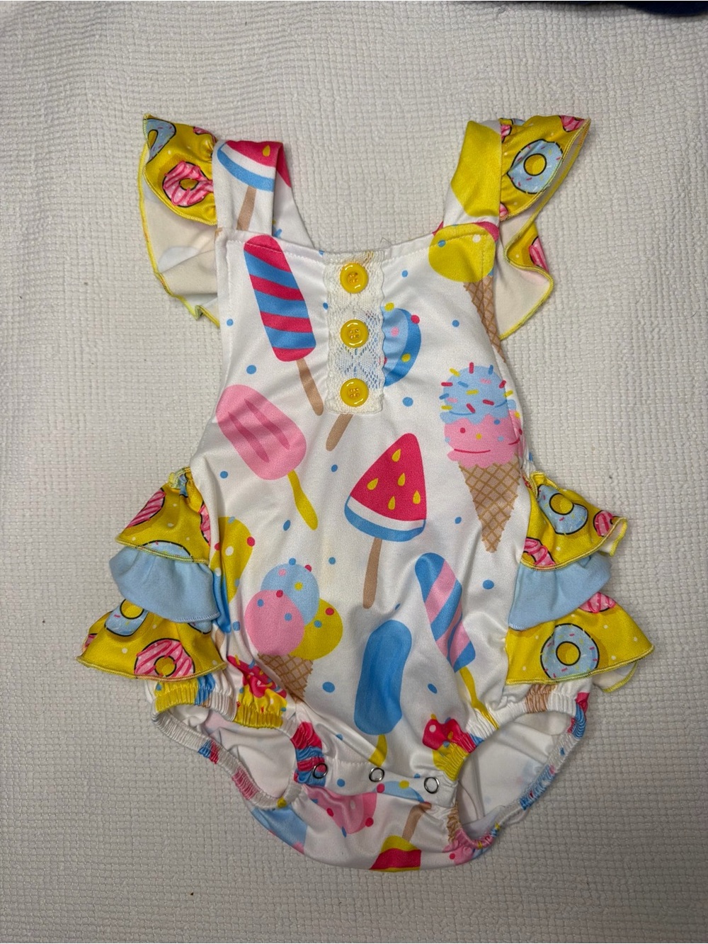 Ice Cream Print Ruffle Baby One-Piece Bodysuit - Yellow, Blue, Pink